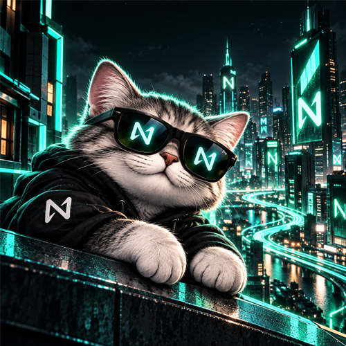 NEARCAT chilling over a neon city